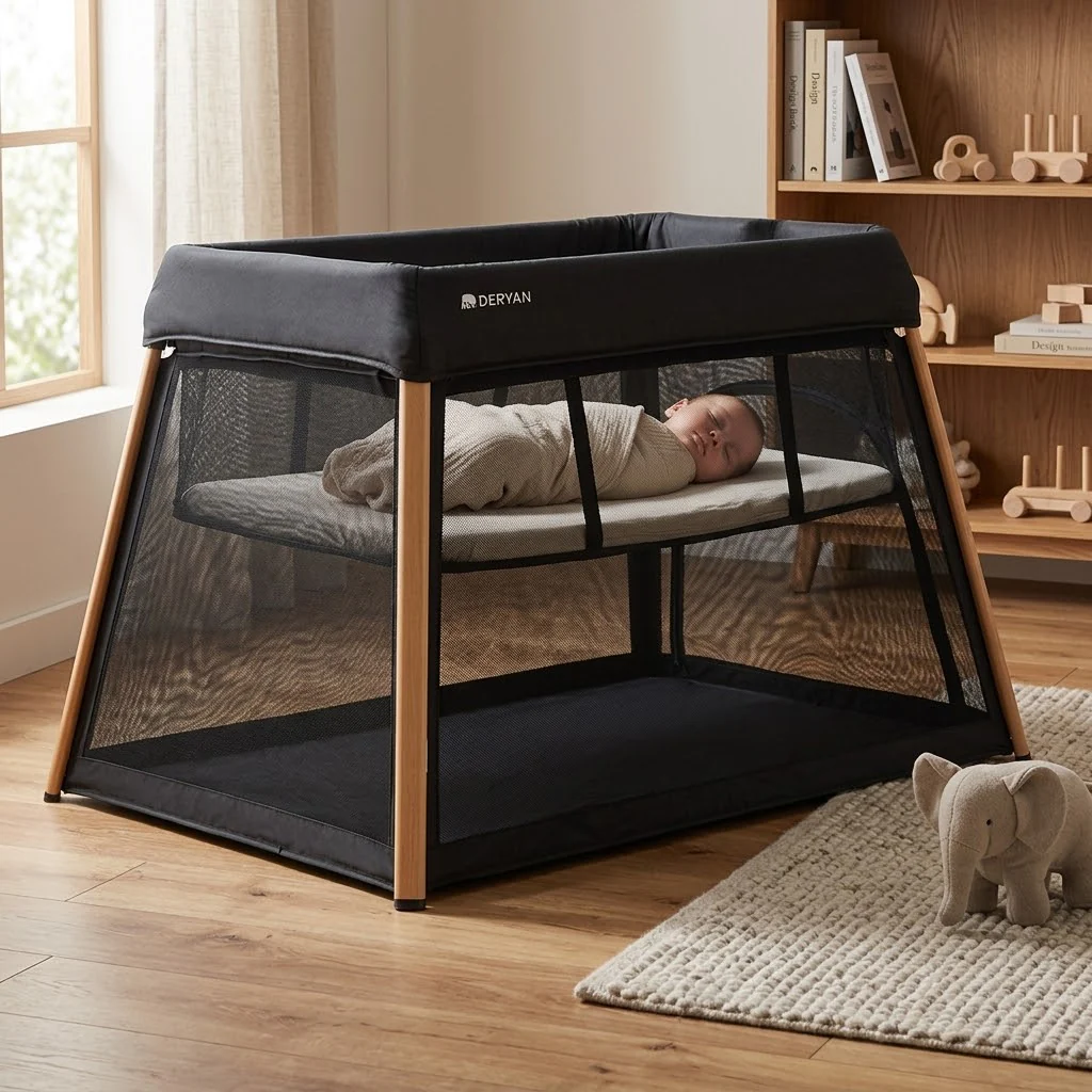 2-in-1 Camping Bed and Playpen - Includes a floor riser - Wood-look - Image 9