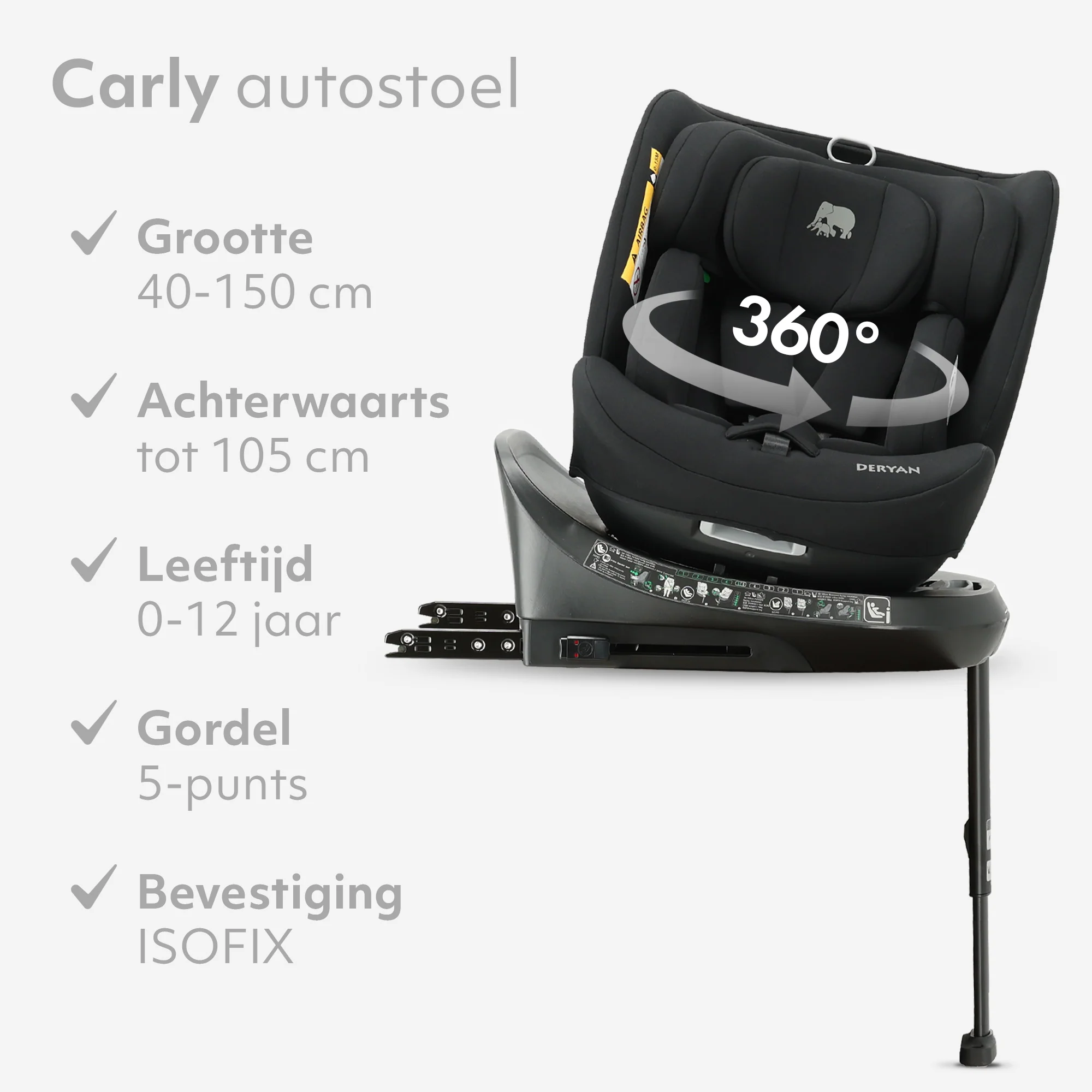 Carly Luxe i-Size Car Seat - 0-79.4 lbs - Isofix + support leg - 360 rotatable - Black - Image 3