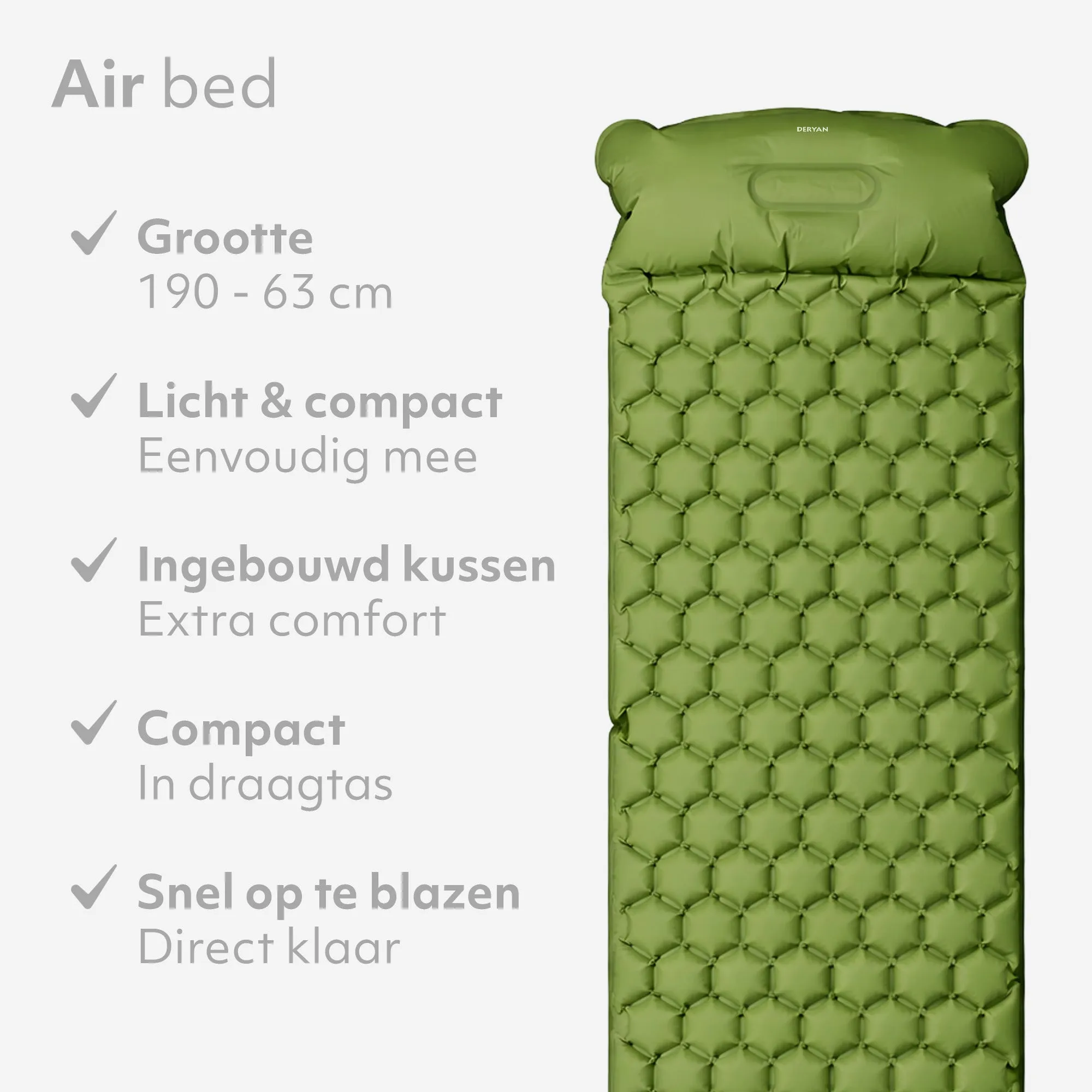 Deryan Bed - Camping Air Mattress - Includes Carry Bag - Green - Image 3