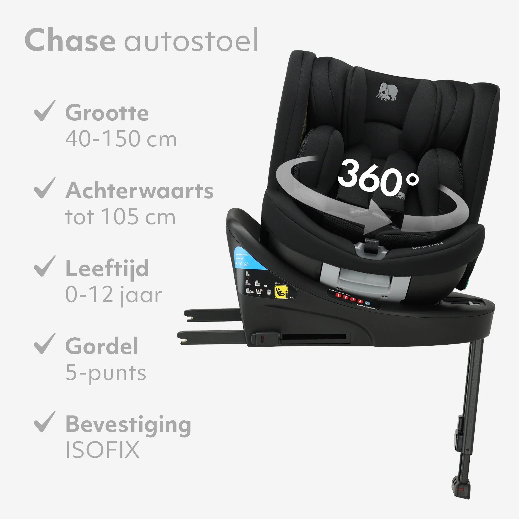 Chase Luxe i-Size Car Seat - 0-79.4 lbs - Isofix support leg - 360 rotatable - Black - Image 6