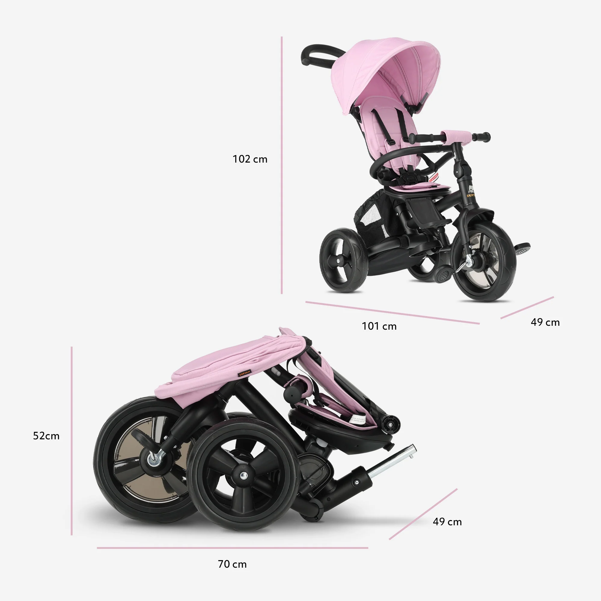 Explorer Luxury Tricycle with Push Bar - Foldable with Basket, Pink - Image 9