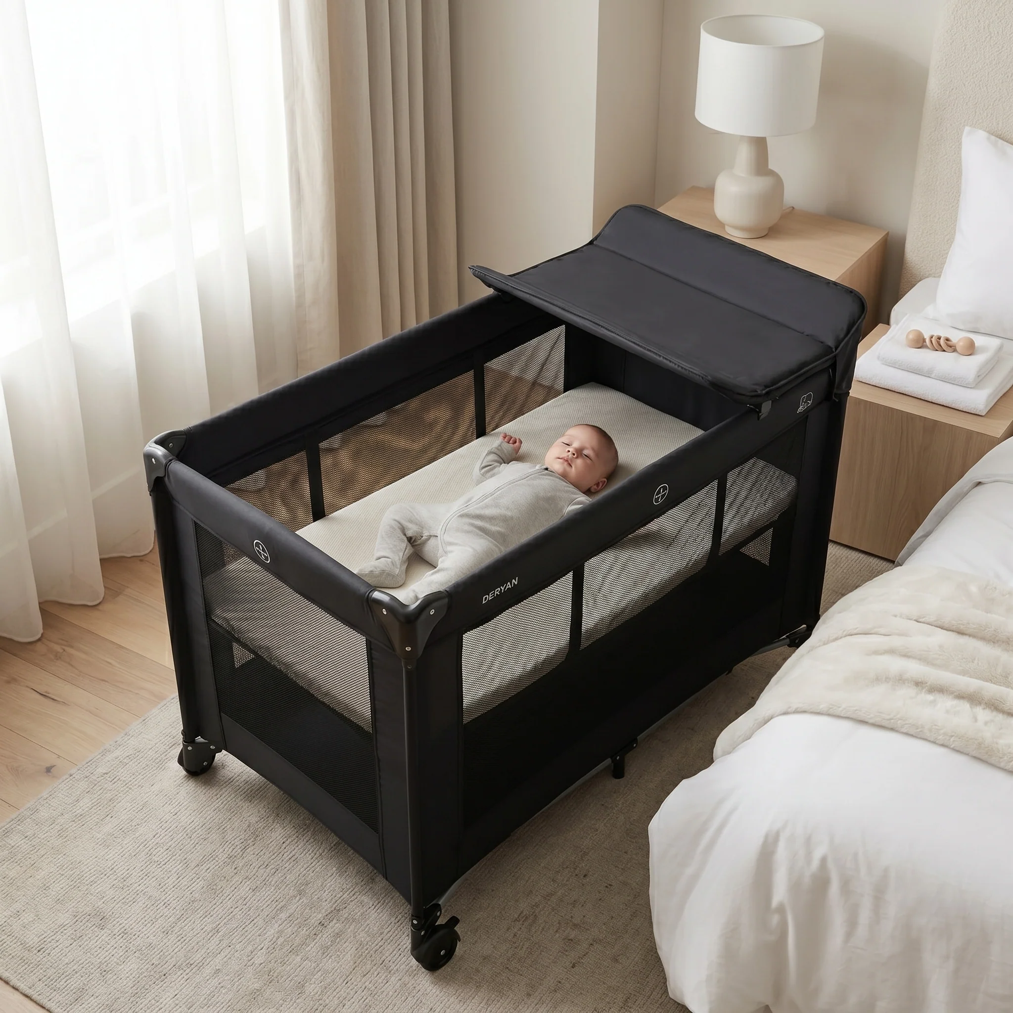 Luxury Travel Crib with Carry Bag - Includes Changing Pad - Includes Height Riser Black - Image 17