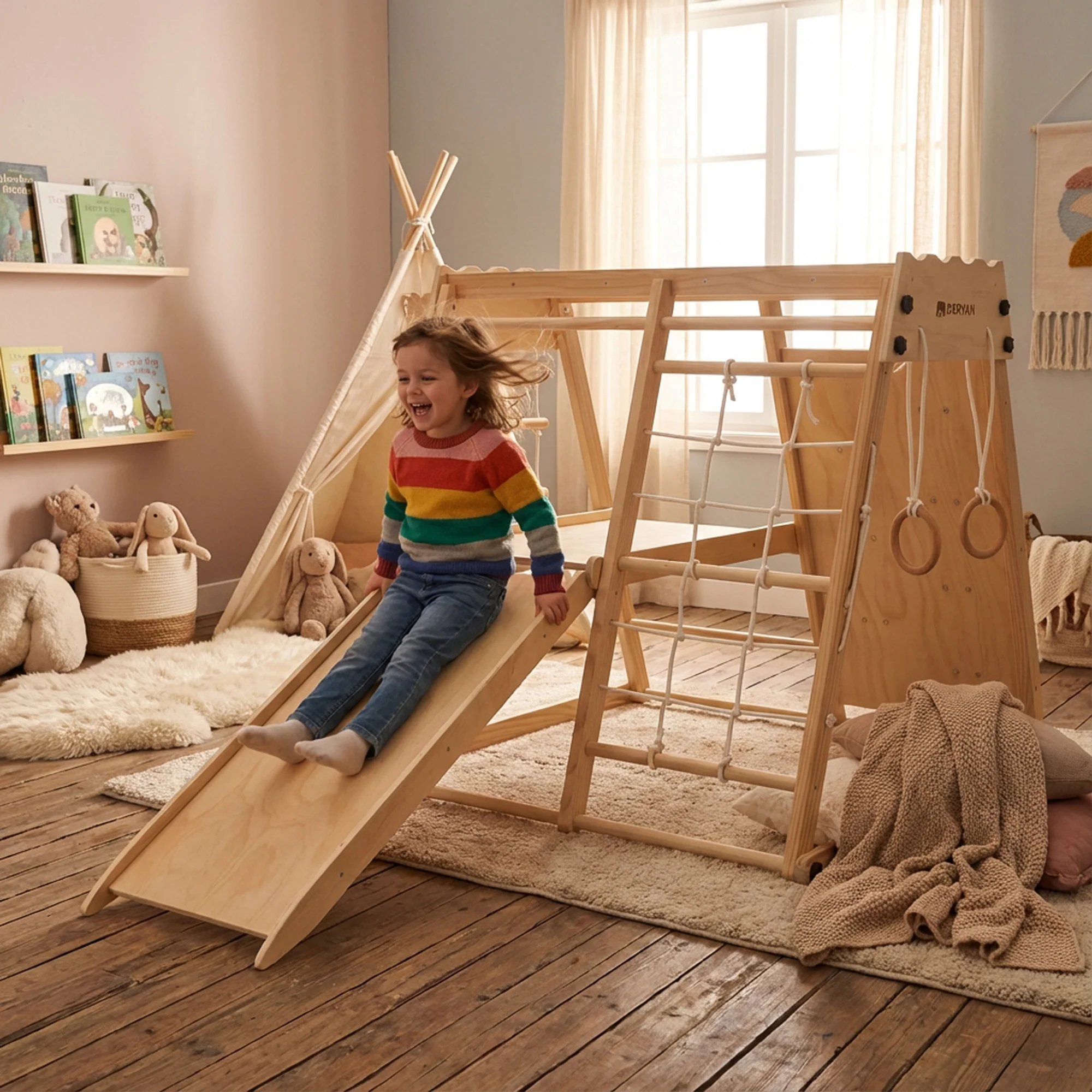 Luxury Wooden Play Climbing Rack - Children's Playground - With Slide + Climbing Wall and Accessories - Image 4