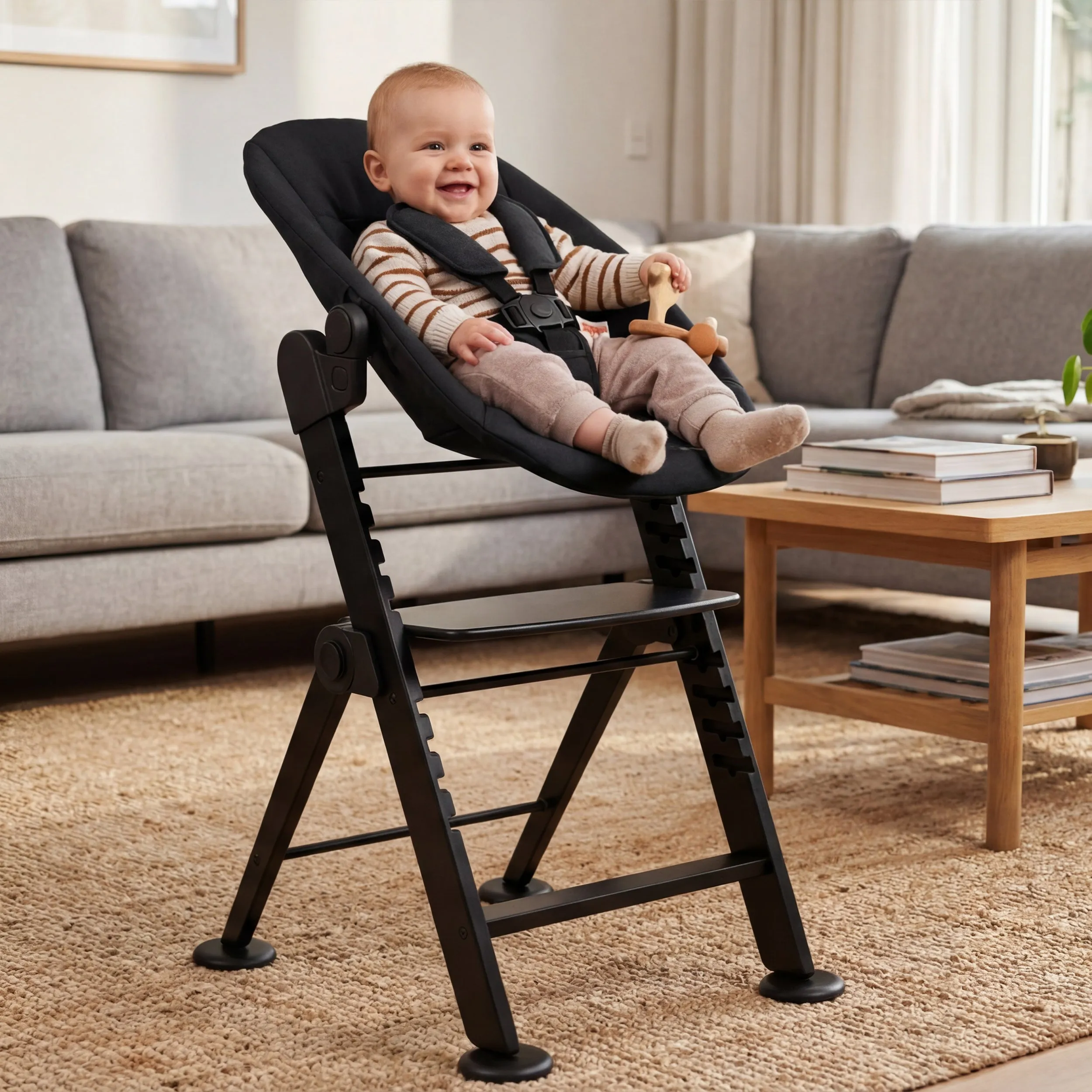 Odin Luxury Wooden Growing Chair High Chair with Bouncer - Includes Dining Tray - Adjustable High Chair - Black - Image 7