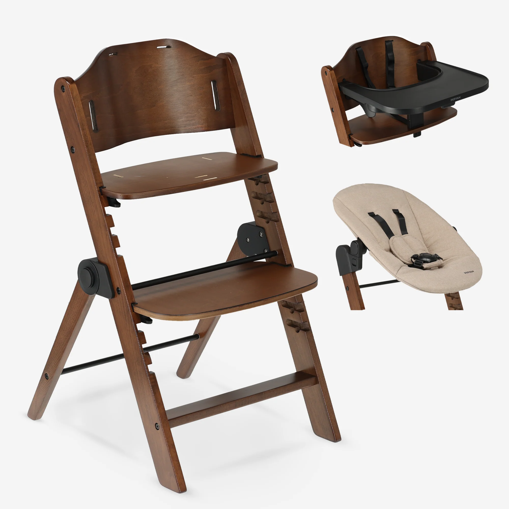 Odin Luxe Wooden Adjustable High Chair with Bouncer - Includes Tray - Adjustable High Chair - Warm Brown Nougat