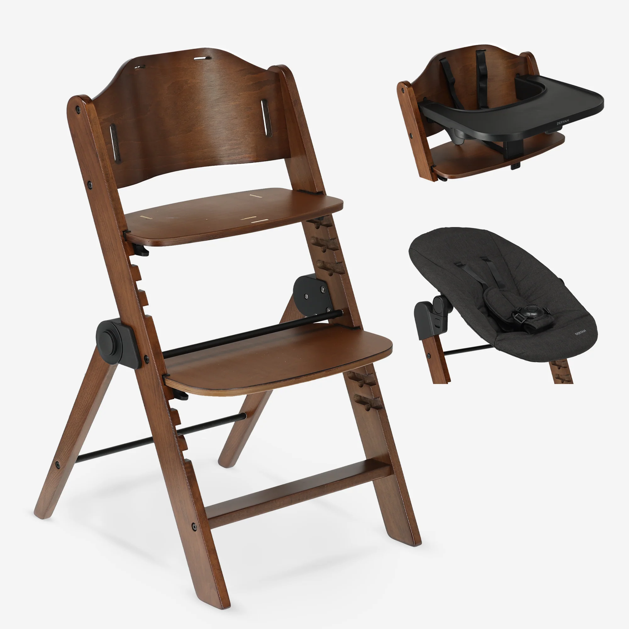 Odin Luxe Wooden Adjustable High Chair with Bouncer - Includes Tray - Adjustable High Chair - Warm Brown/Black