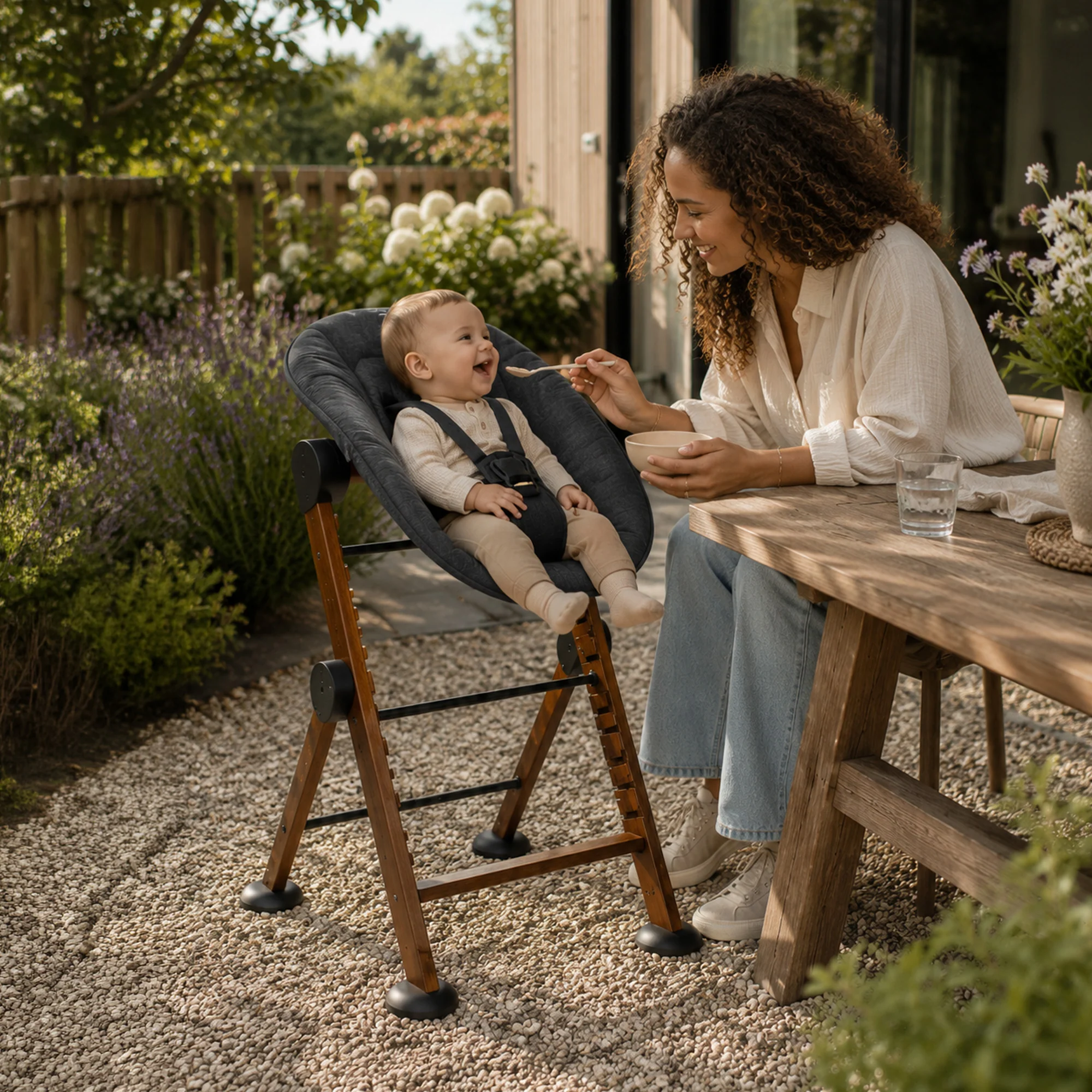 Odin Luxe Wooden Adjustable High Chair with Bouncer - Includes Tray - Adjustable High Chair - Warm Brown/Black - Image 7